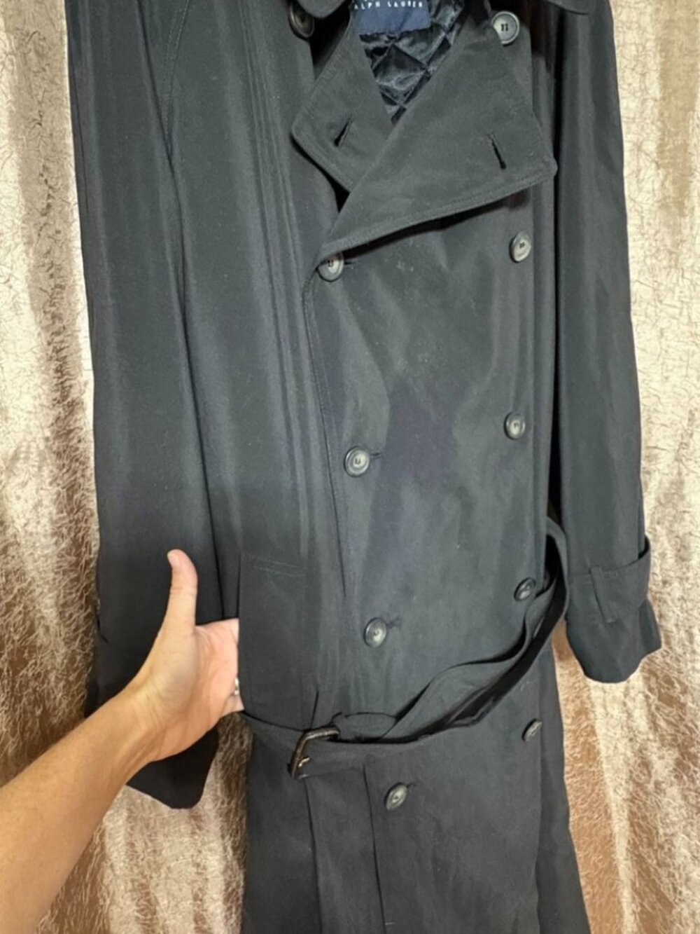 Vtg Ralph Lauren Black Double-Breasted Trench Coat  Belt Lined Men's 44R L/XL - Picture 3 of 12